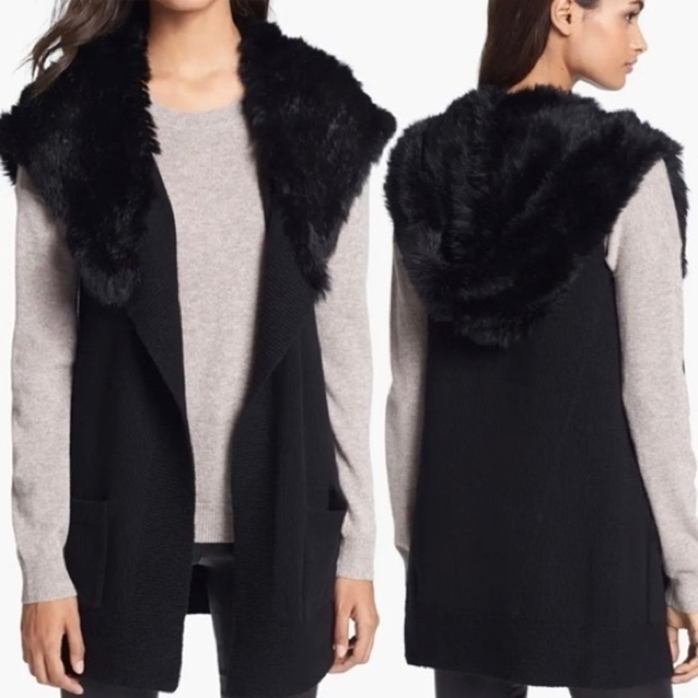 Theory Wool Rabbit Fur Black Hood Sleeveless Middle Vest S